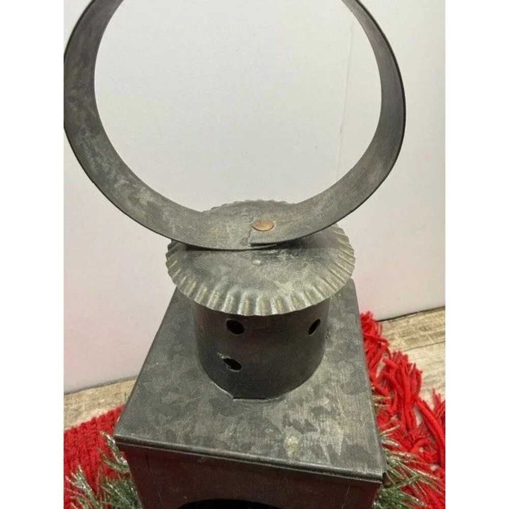 VINTAGE PRIMITIVE TIN CANDLE LANTERN WITH HANDLE 14